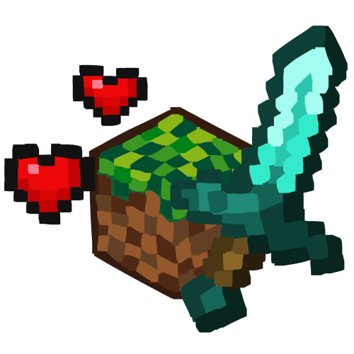 a Minecraft grass block, diamond sword, and two health hearts.